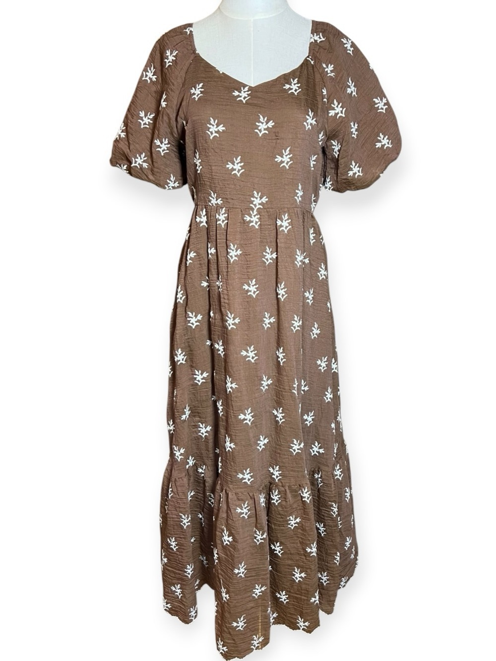 Orange Creek Brown Embroidered Floral Puff Sleeve Midi Dress M